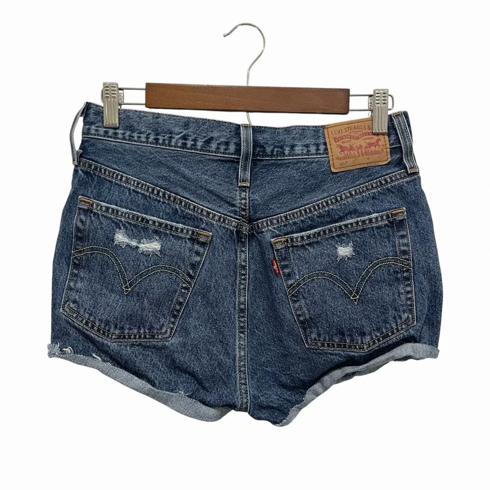 Levi's 501 Women's Cut Off Denim Shorts Blue Distressed Button Fly W28